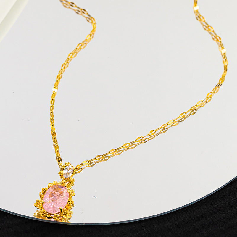 Pink diamond copper plated real gold titanium steel necklace