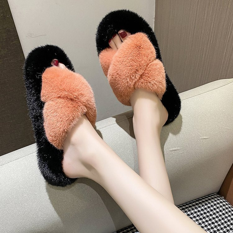 Rabbit fur cross slippers