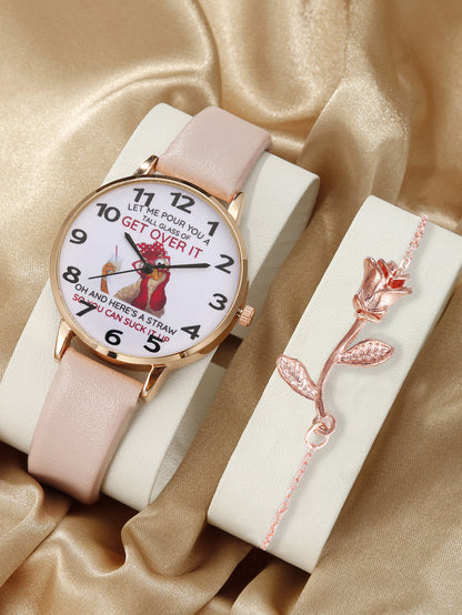 Round digital watch rose bracelet set