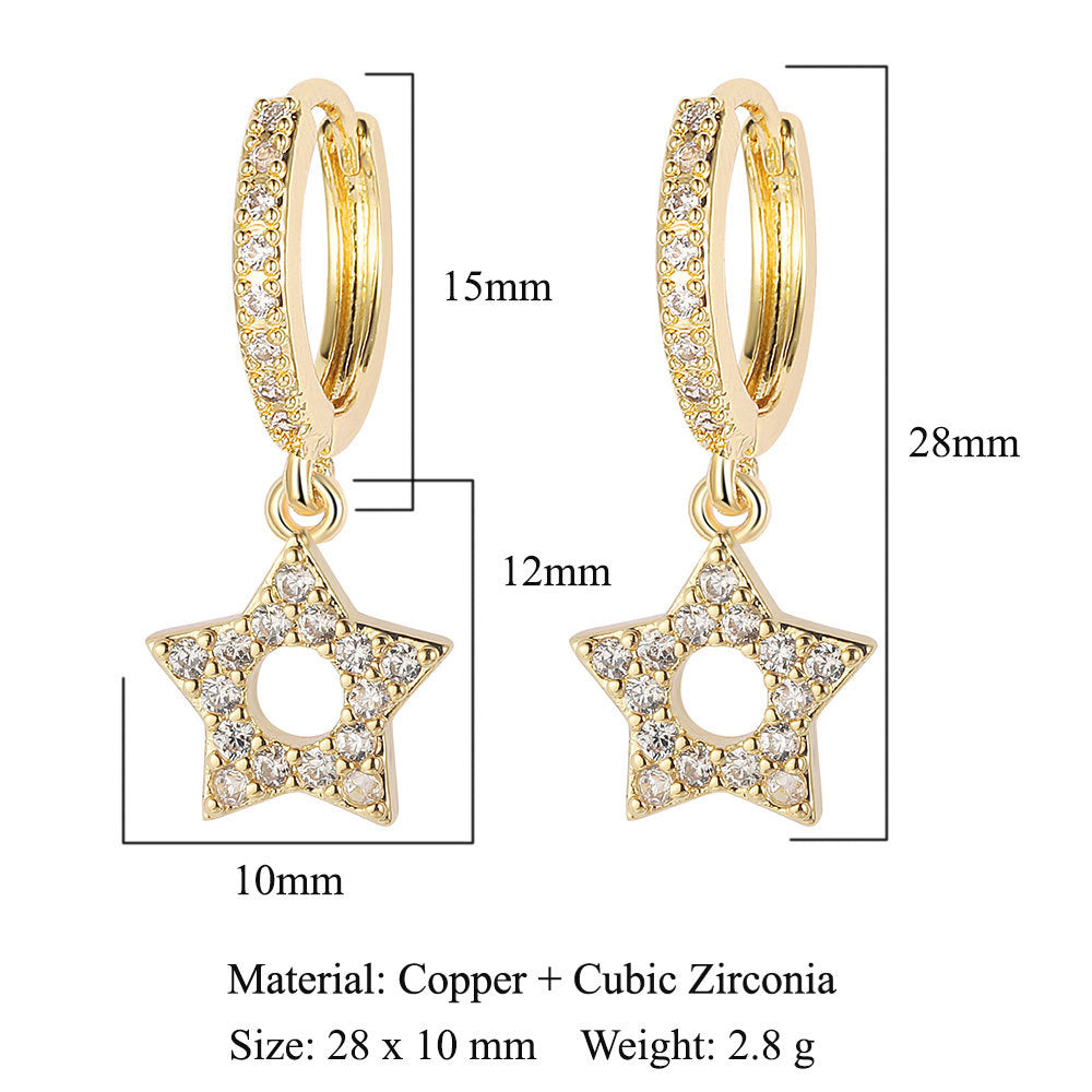 Crescent Star Flower Copper Zircon Women's Earrings