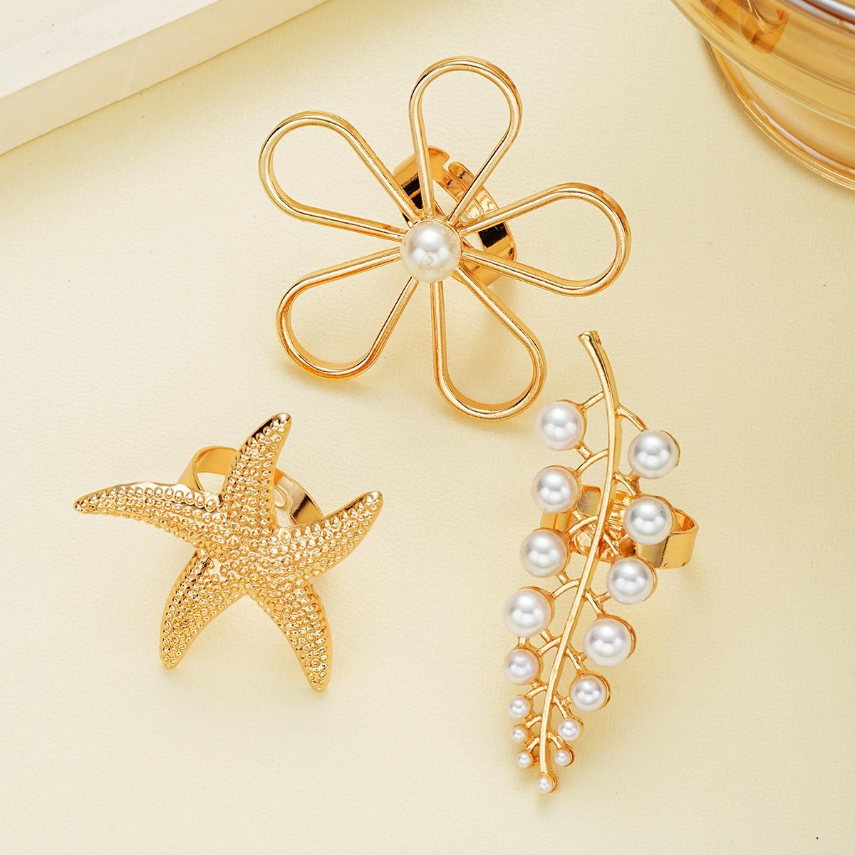3-Piece Starfish Pearl Ring Set