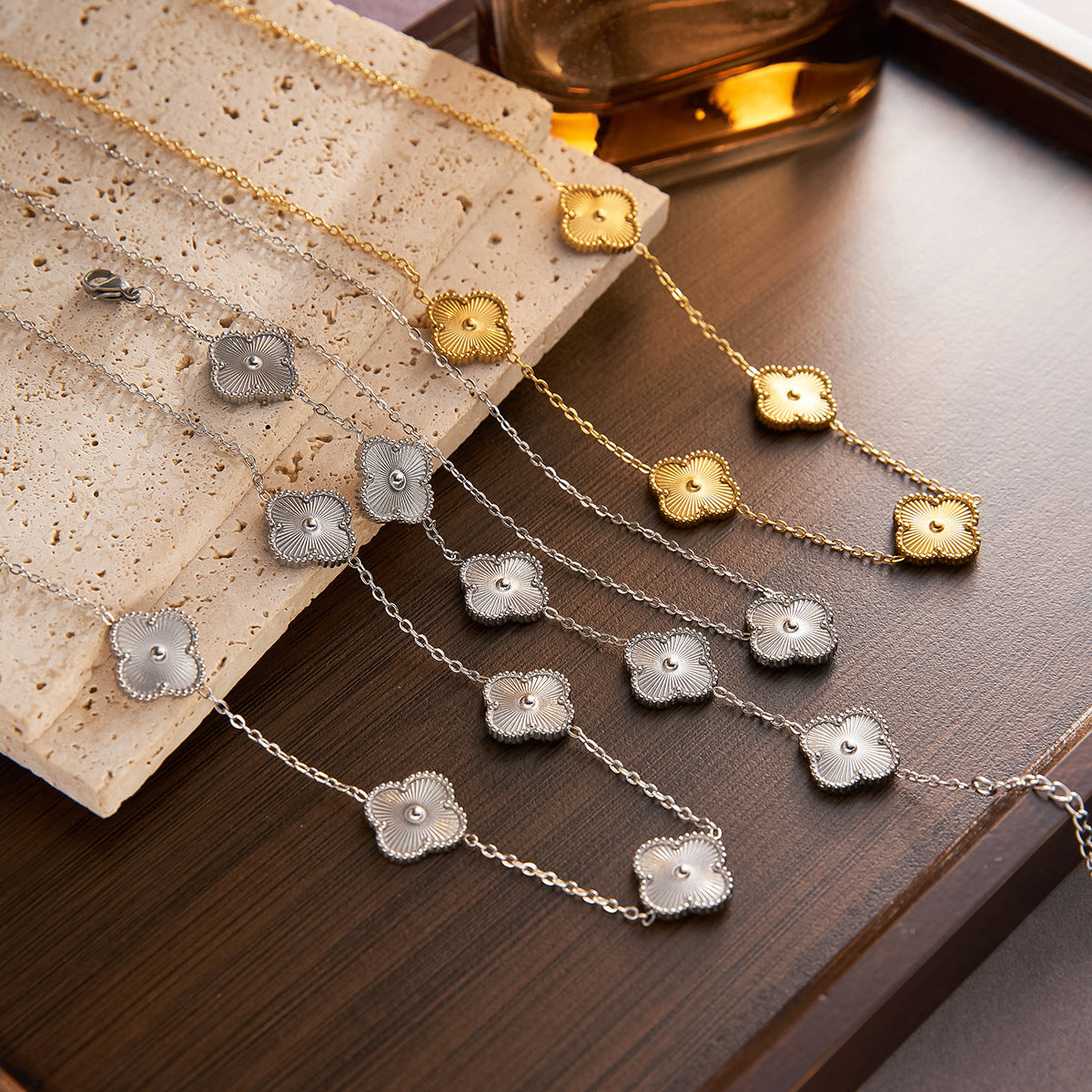 18K Gold Titanium Steel Four-Leaf Clover Jewelry Set — Necklace, Bracelet & Ring (Non-Fading)