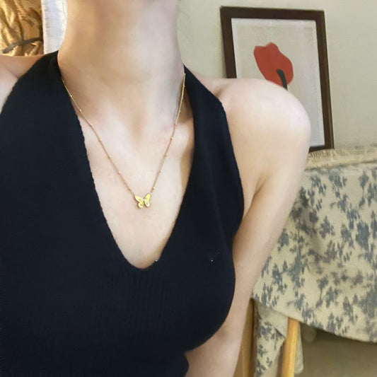 French-Inspired Titanium Steel Butterfly Bead Necklace