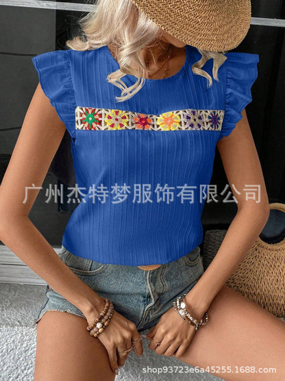 Hollow Lace Short Sleeve Shirt Top