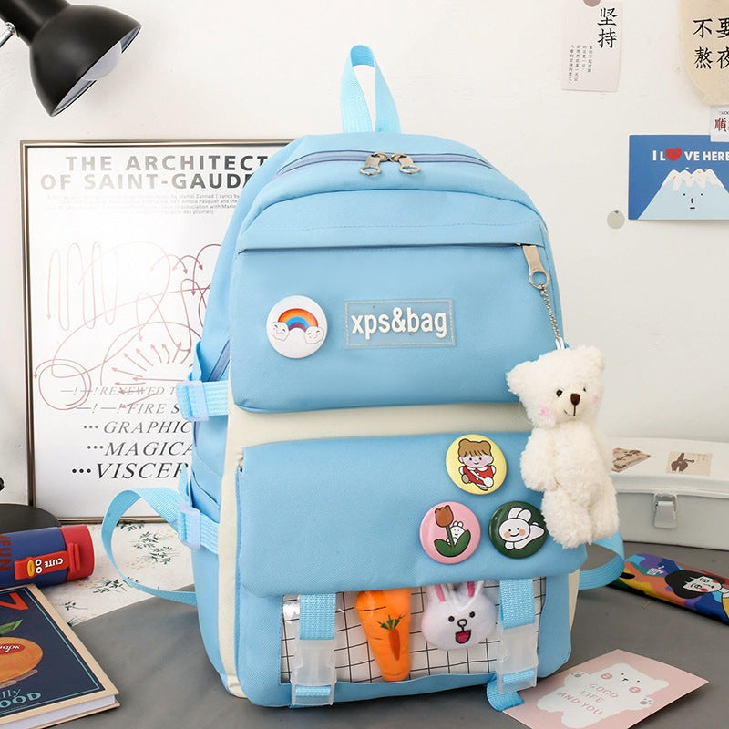 4-piece student school bag canvas contrast color backpack