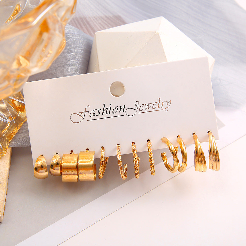 Gold C-Shape & Chain Earring Set (6-Piece)