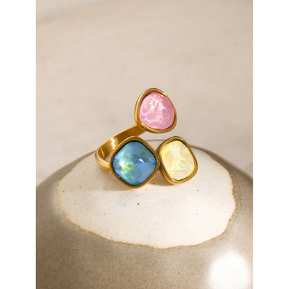 Three-color rhinestone open titanium steel ring