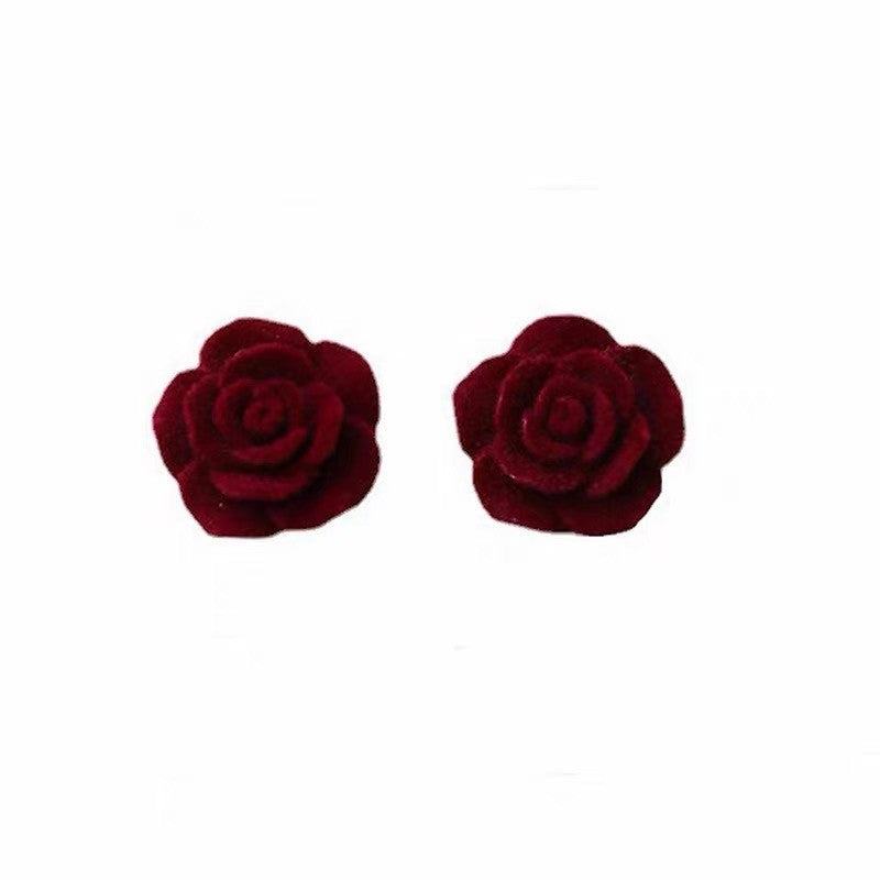 Burgundy Flocking Rose Tea Mountain Flower Earrings
