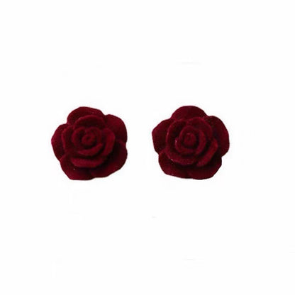 Burgundy Flocking Rose Tea Mountain Flower Earrings