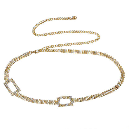 Rhinestone inlaid rectangular buckle waist chain