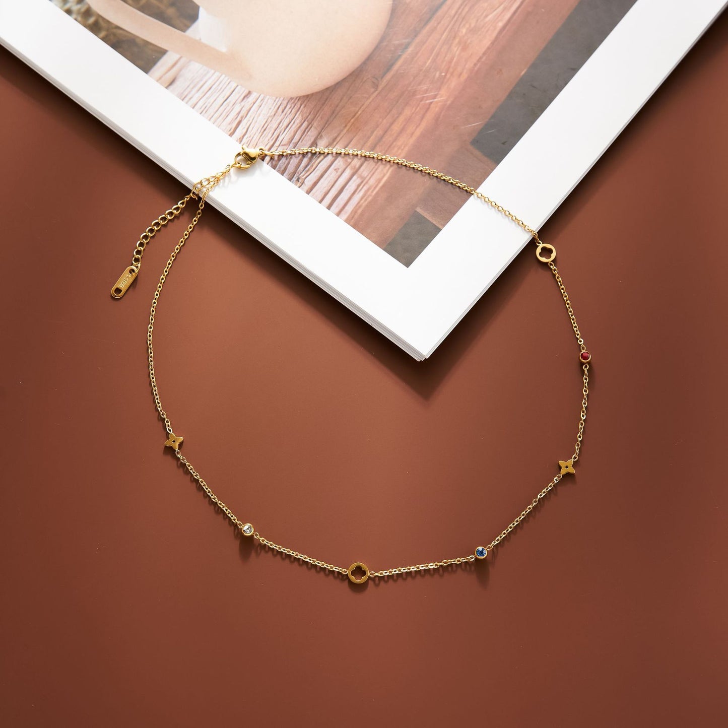 Women's 18K Gold-Plated Titanium Steel Four-Leaf Flower Necklace with Colored Stones