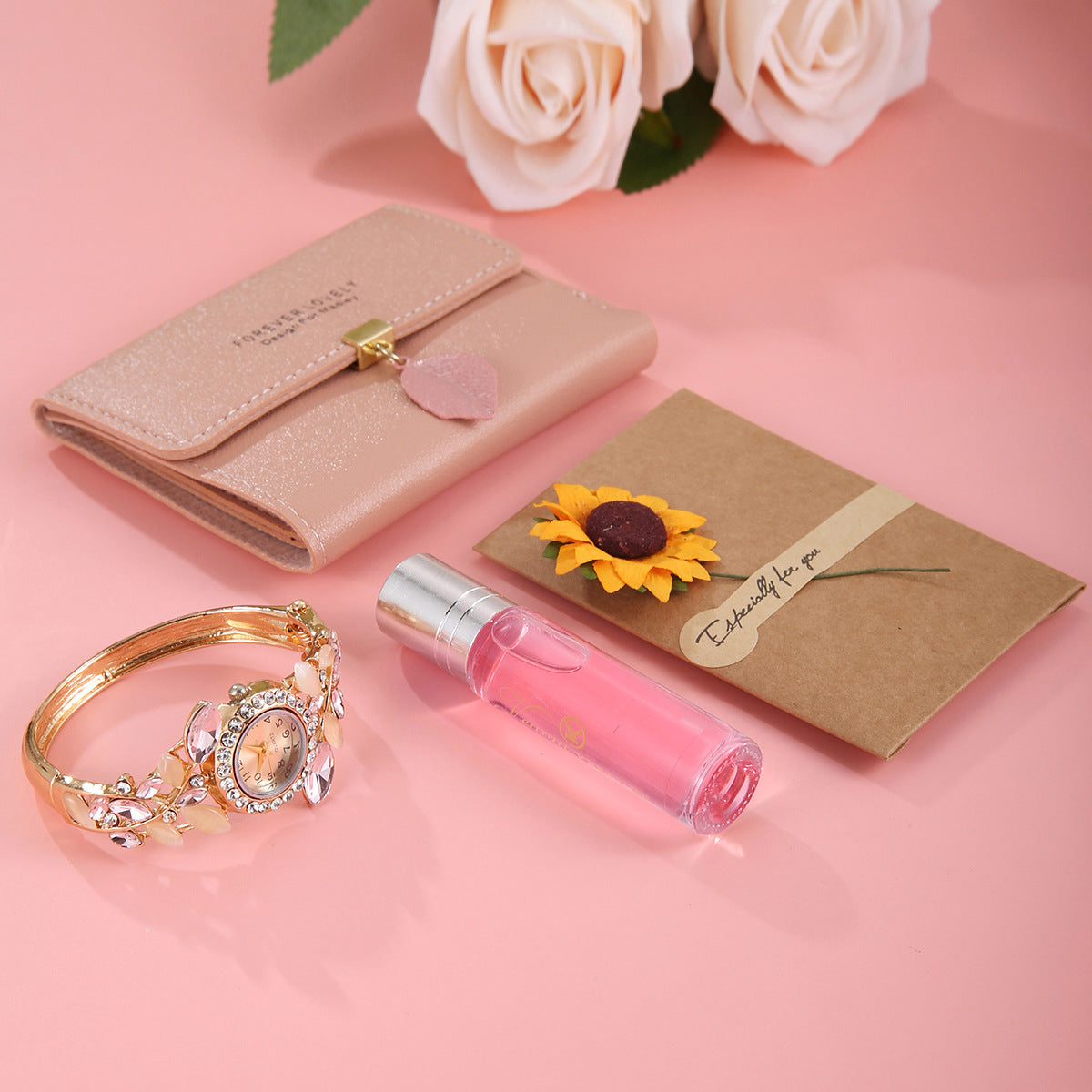 Diamond-encrusted women's quartz watch gift box set