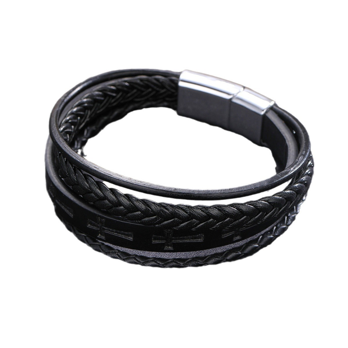 Cross leather bracelet with magnetic clasp