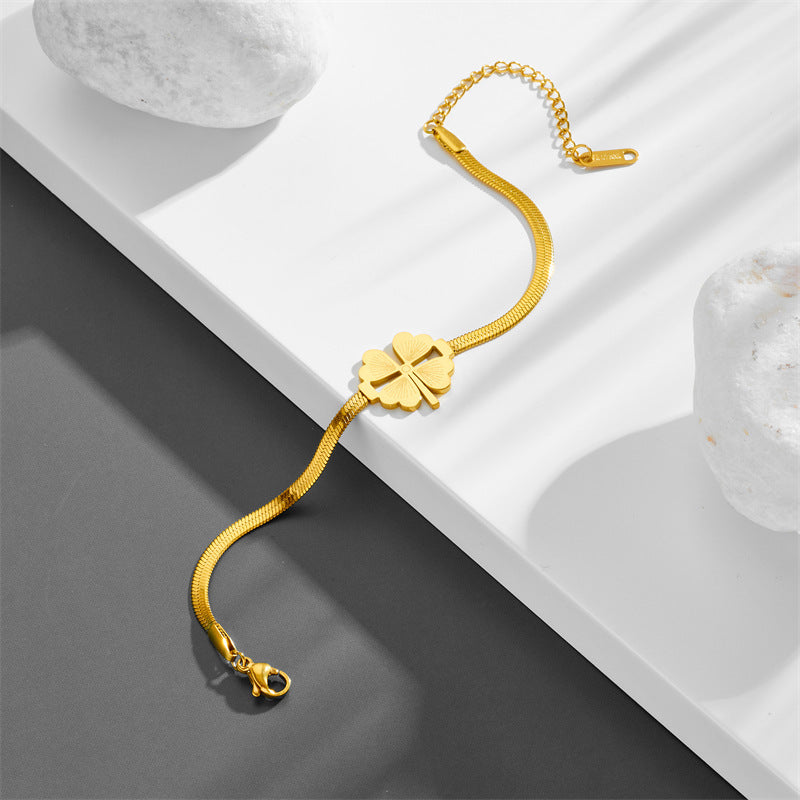 Women's Titanium-Steel Snake Chain Bracelet with Four-Leaf Clover Charm