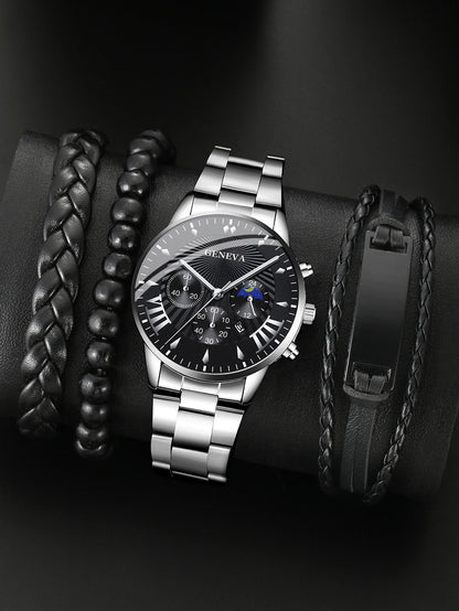 Steel belt quartz watch 3 bracelets Iron plate set