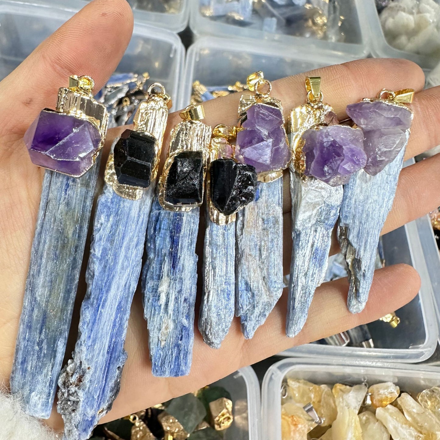 Blue Quartz Bar Inlaid Amethyst Black Diamond Pendant