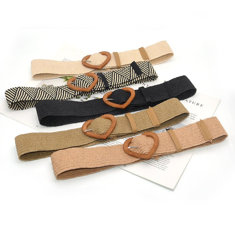 Heart-shaped wooden buckle pp grass woven elastic belt