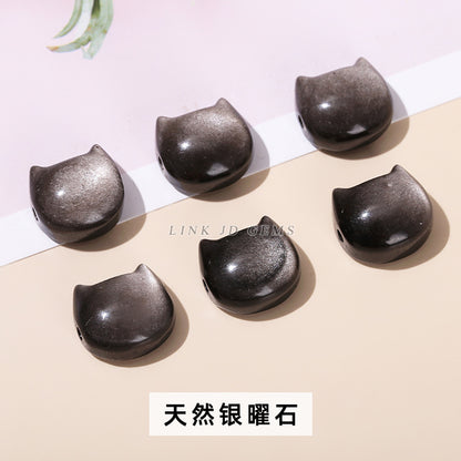 14Mm natural silver obsidian cat head horizontal hole accessories