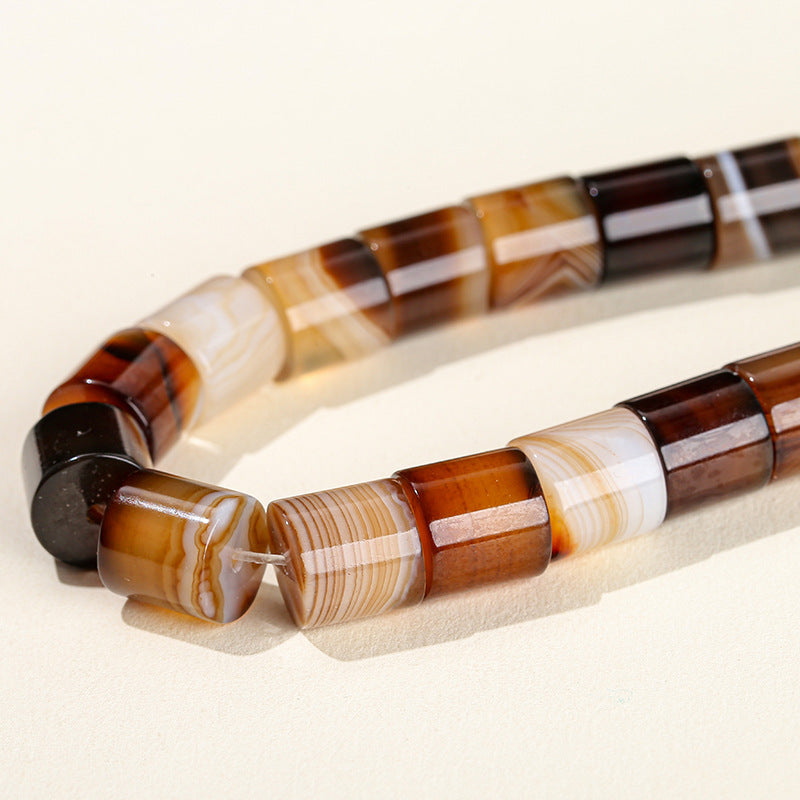 Brown Striped Agate Round Tube Loose Beads