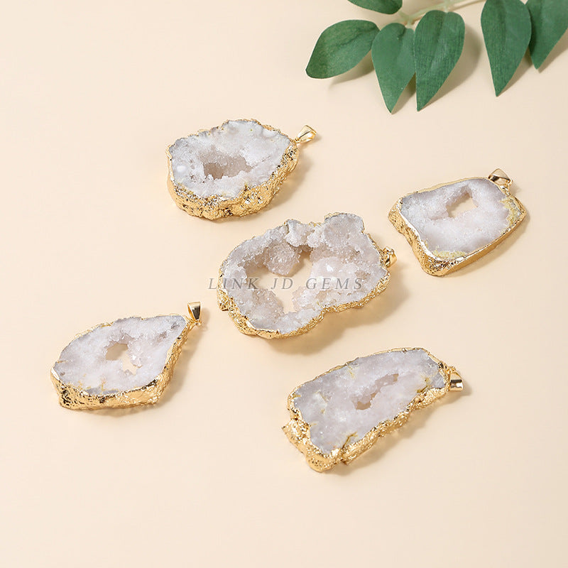 Electroplated gold edge agate crystal hole pendant