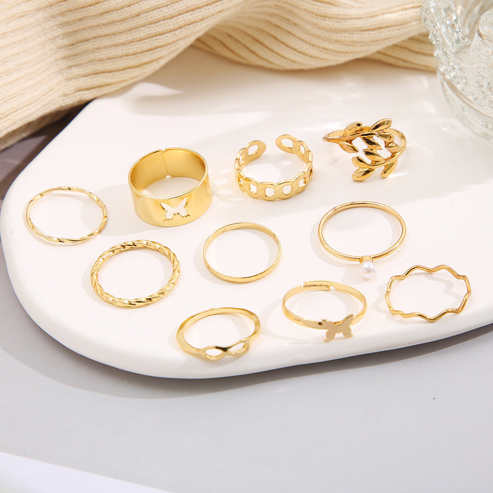 Leaf & Butterfly Ring Set (10-Piece)