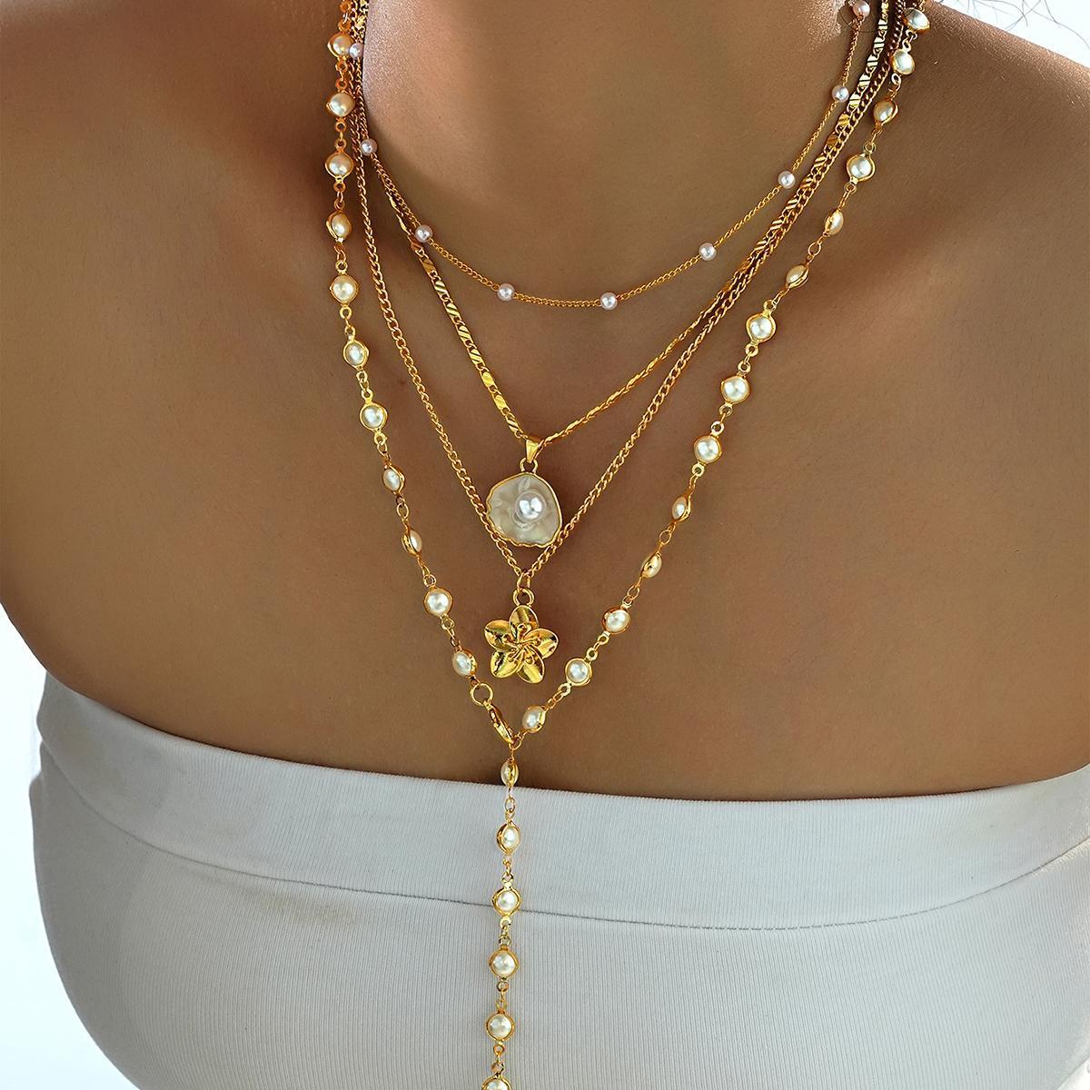 Pearl Flower Layered Necklace Set
