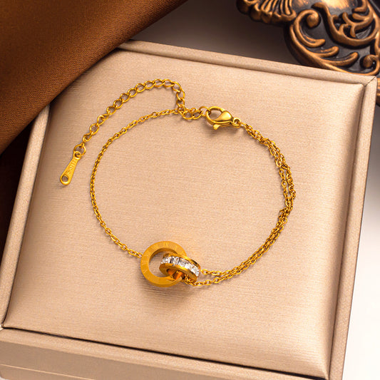 Pulseira romana de aço titânio com anel duplo – minimalista, moderna, moderna e unissex 