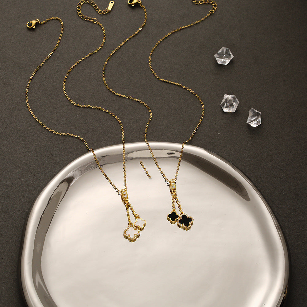 Titanium Steel Clover Necklace with Zircon Tassel — Women's Clavicle Chain