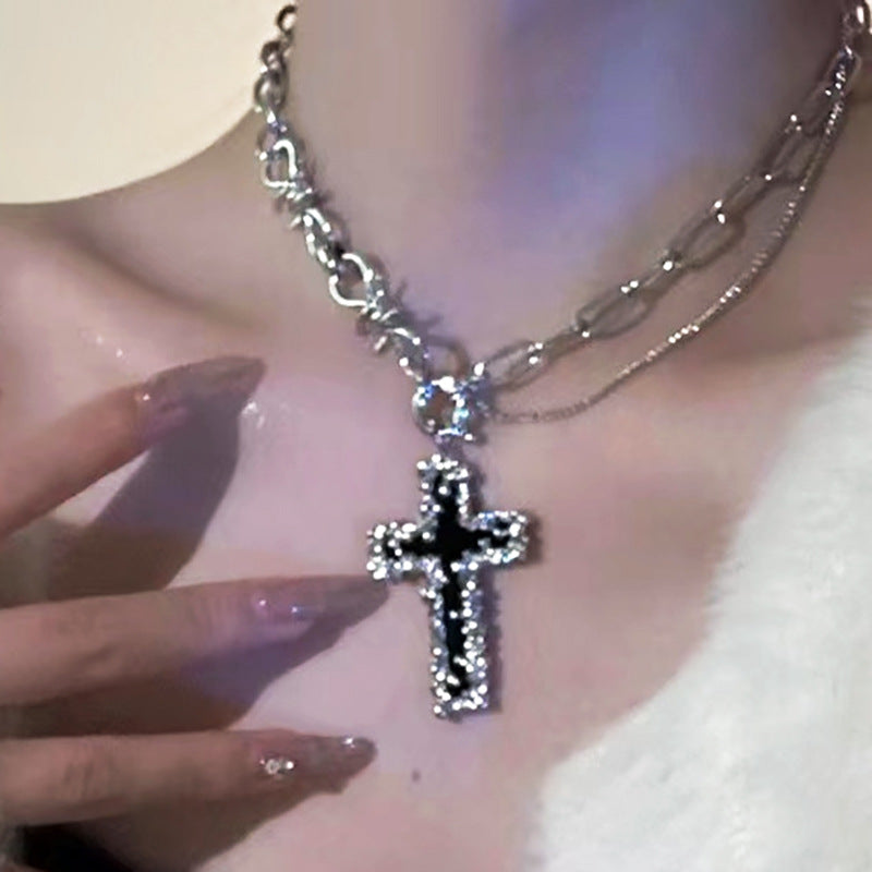 Pearl Dark Cross Pendant Necklace