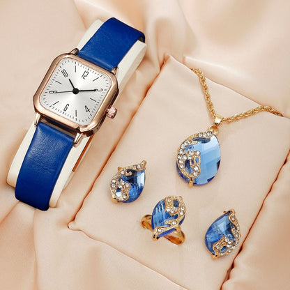 Square Watch Peacock Necklace Ring Earrings Set