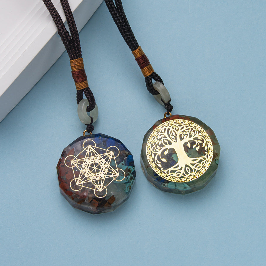 Colorful crystal gravel resin round tree of life pendant