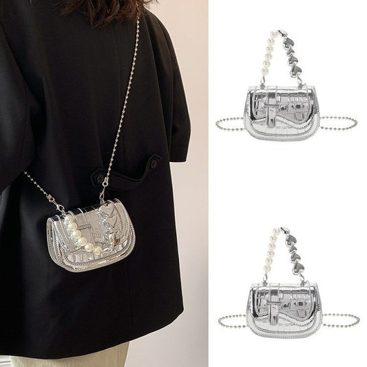 Pearl chain mini silver crossbody bag