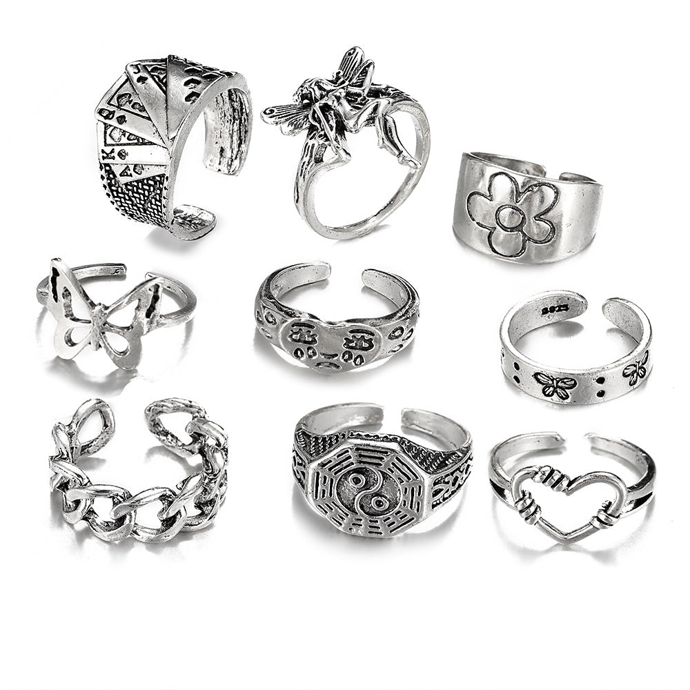Retro Crying Face & Daisy 9-Piece Ring Set