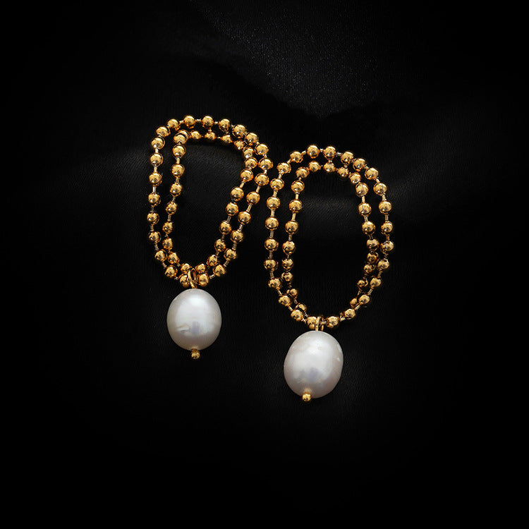 Women's Retro Pearl Titanium Steel Stud Earrings with K-Gold Bead Chain