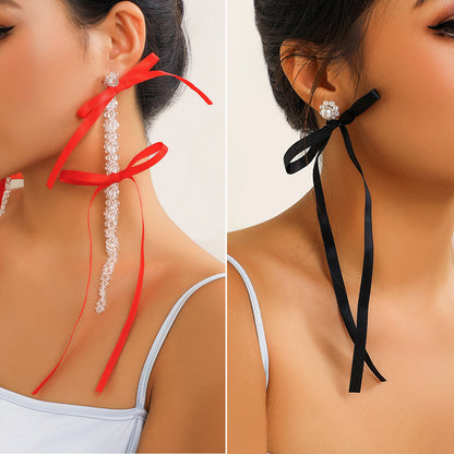 Bow ribbon crystal flower stud earrings