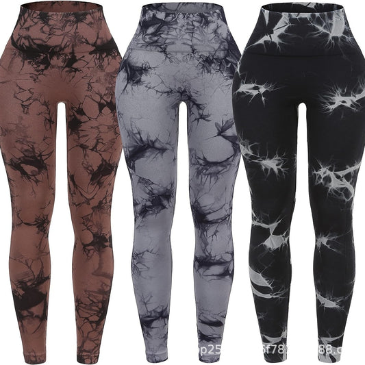 Pantalones de yoga de nueve puntos de secado rápido con efecto tie-dye y cintura alta 