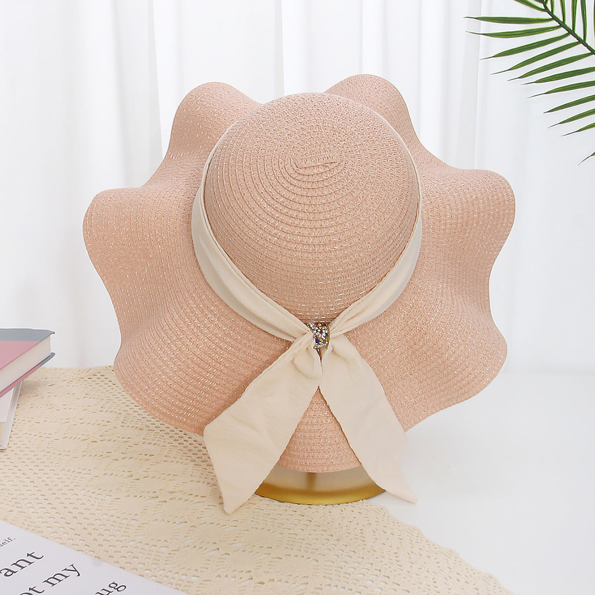 Floral Wave-Edge Straw Hat Women Summer French Beach Wide-Brim Sun Hat