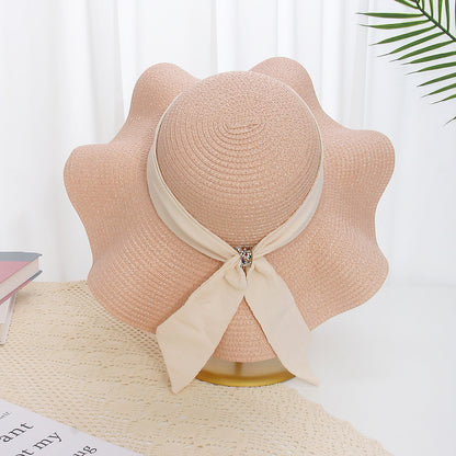 Floral Wave-Edge Straw Hat Women Summer French Beach Wide-Brim Sun Hat