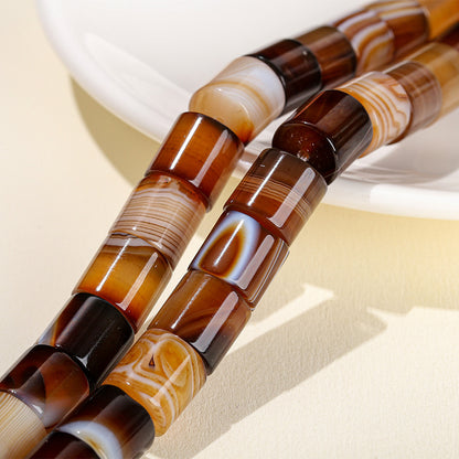 Brown Striped Agate Round Tube Loose Beads