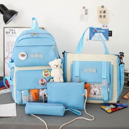4-piece student school bag canvas contrast color backpack