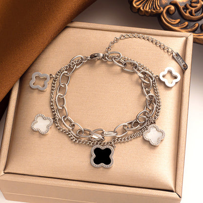 Pulsera de trébol de cuatro hojas de doble capa de acero de titanio: moderna y lujosa 