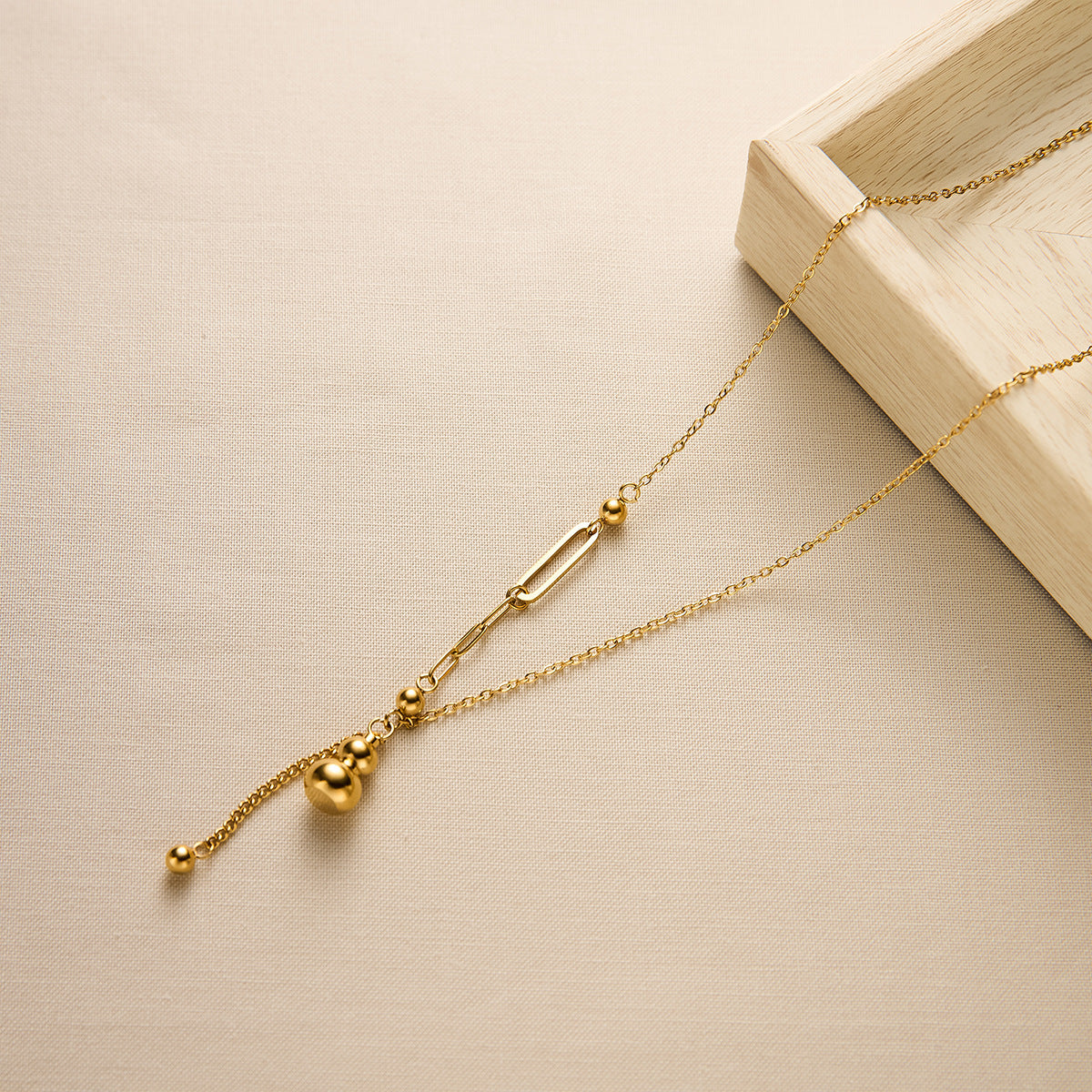 Women's Titanium Steel Gourd Pendant Necklace — Fringe Spliced Collarbone Chain, 18K Gold-Plated