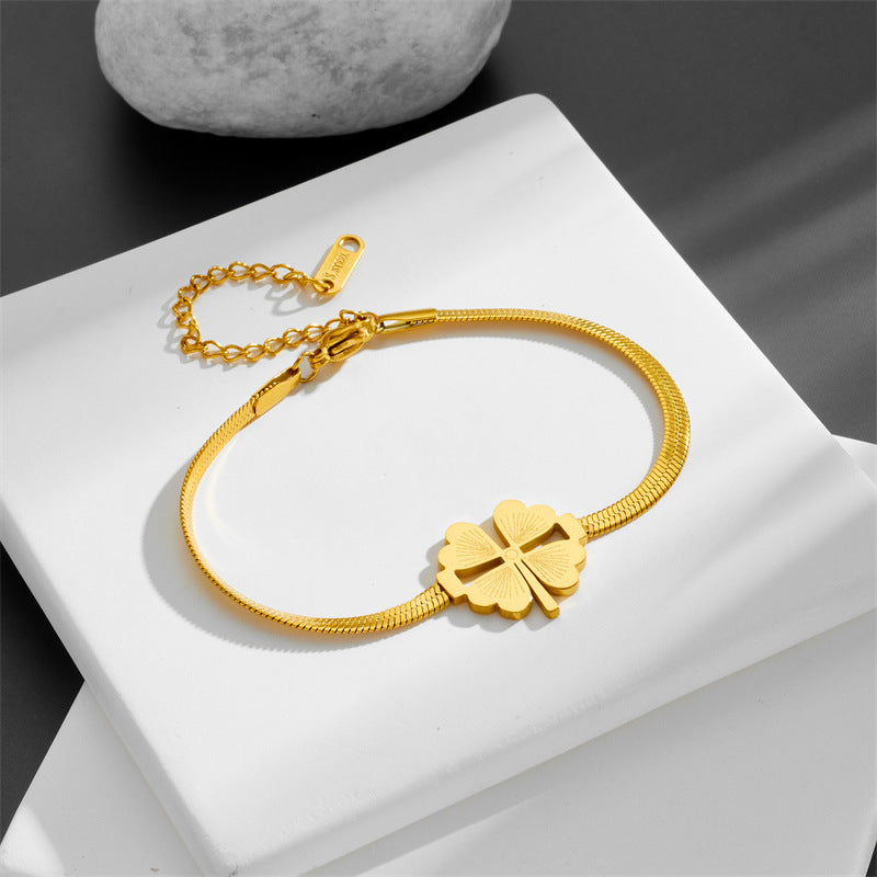 Women's Titanium-Steel Snake Chain Bracelet with Four-Leaf Clover Charm