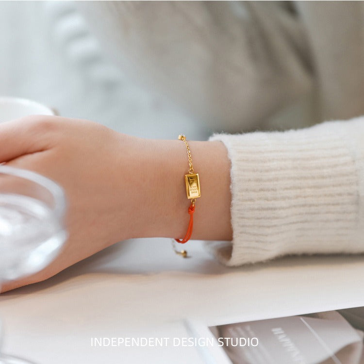 Women's Red Cord Woven Bracelet with Gold Bar — Non-Fading Asymmetric Gift