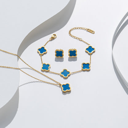 Pulseira trevo de aço titânio, brincos, conjunto de colar 