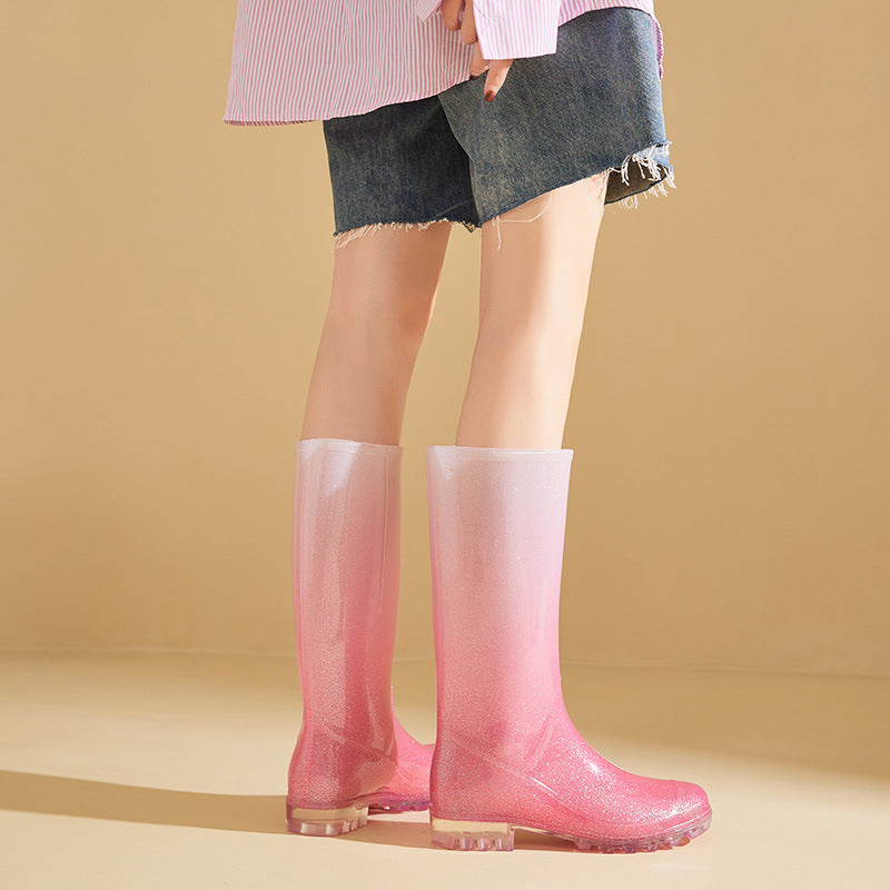 High tube rain shoes female versatile gradual change of color