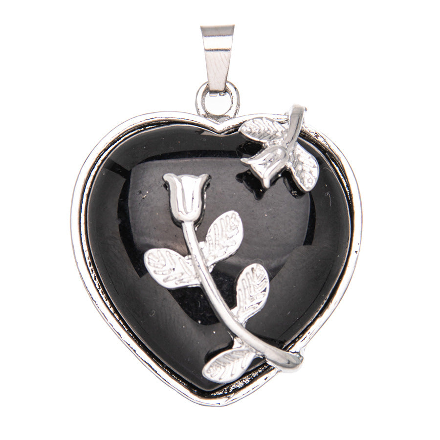 Colar de cristal ametista com pingente de rosa em formato de coração 