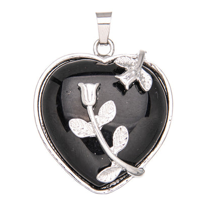 Colar de cristal ametista com pingente de rosa em formato de coração 