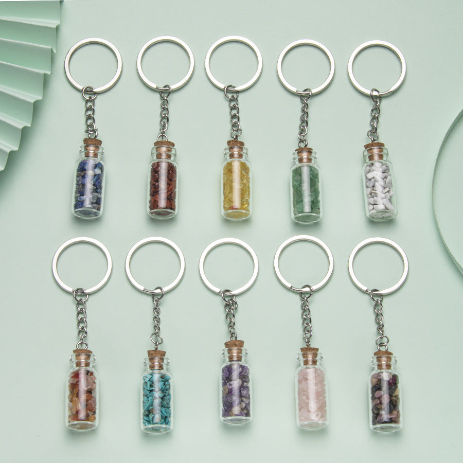 Crushed Agate Wishing Bottle Stainless Steel Keychain Pendant