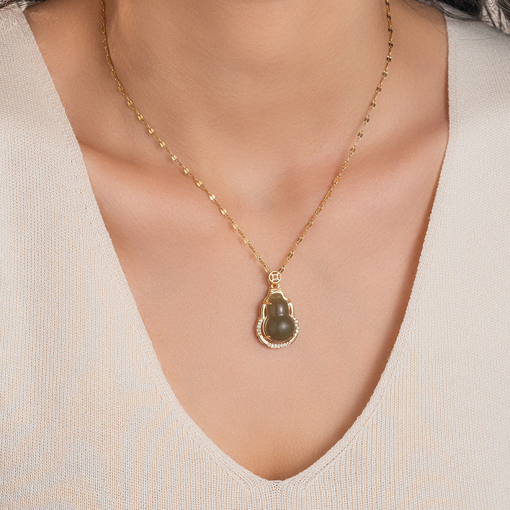 Full of diamond copper micro-inlaid jade gourd necklace female